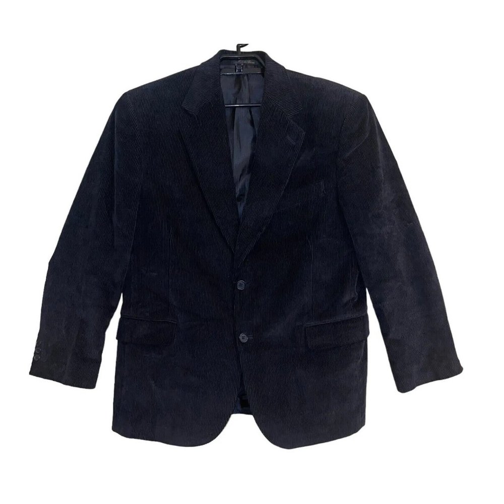 HUNT VALLEY Men Corduroy Suit Blazer Sport Jacket 40R Black Vintage Cotton Lined